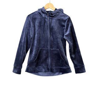 Time &‎ Tru Velour Full Zip Hooded Sweater Womens Sz Small (4-6) Blue Glam Comfy
